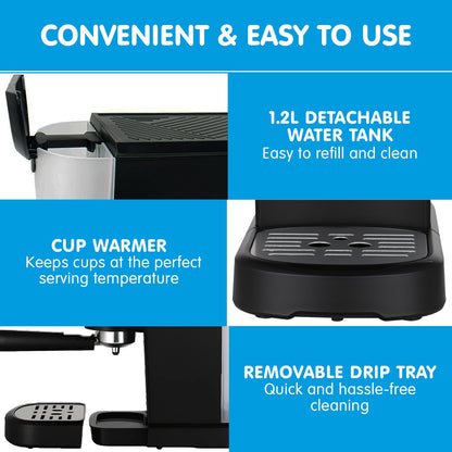 Pronti CM-850D Coffee Machine 20 Bar Espresso Maker with Milk Frother and 1.25L Tank