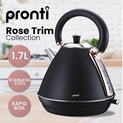 Pronti Breakfast Set with Rose Gold Kettle & Toaster with 1.2L Espresso Machine - Black