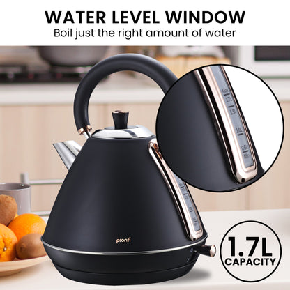 Pronti Breakfast Set with Rose Gold Kettle & Toaster with 1.2L Espresso Machine - Black